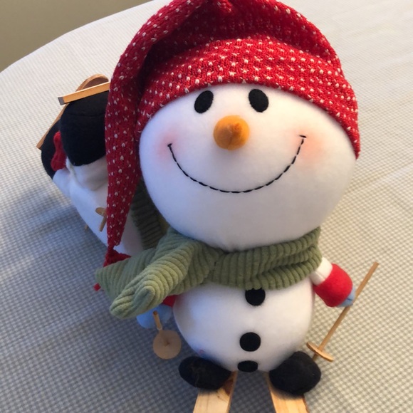 Vintage Set of 2 Skiing Snowmen Colourful Knit Toques & Scarves 12” Tall #OS - Picture 4 of 8